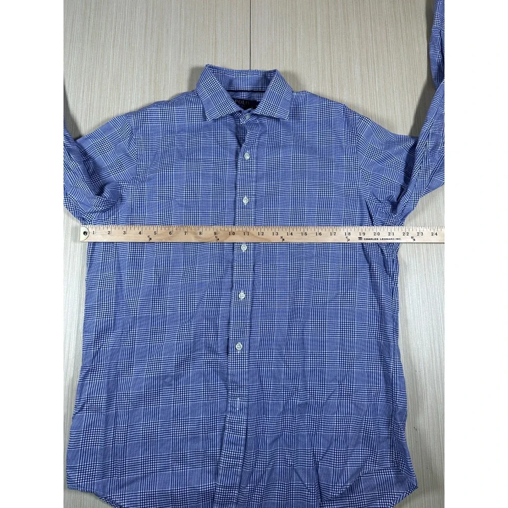 Polo Ralph Lauren Shirt Men Medium Blue White Plaid Cotton Long Sleeve Button-Up